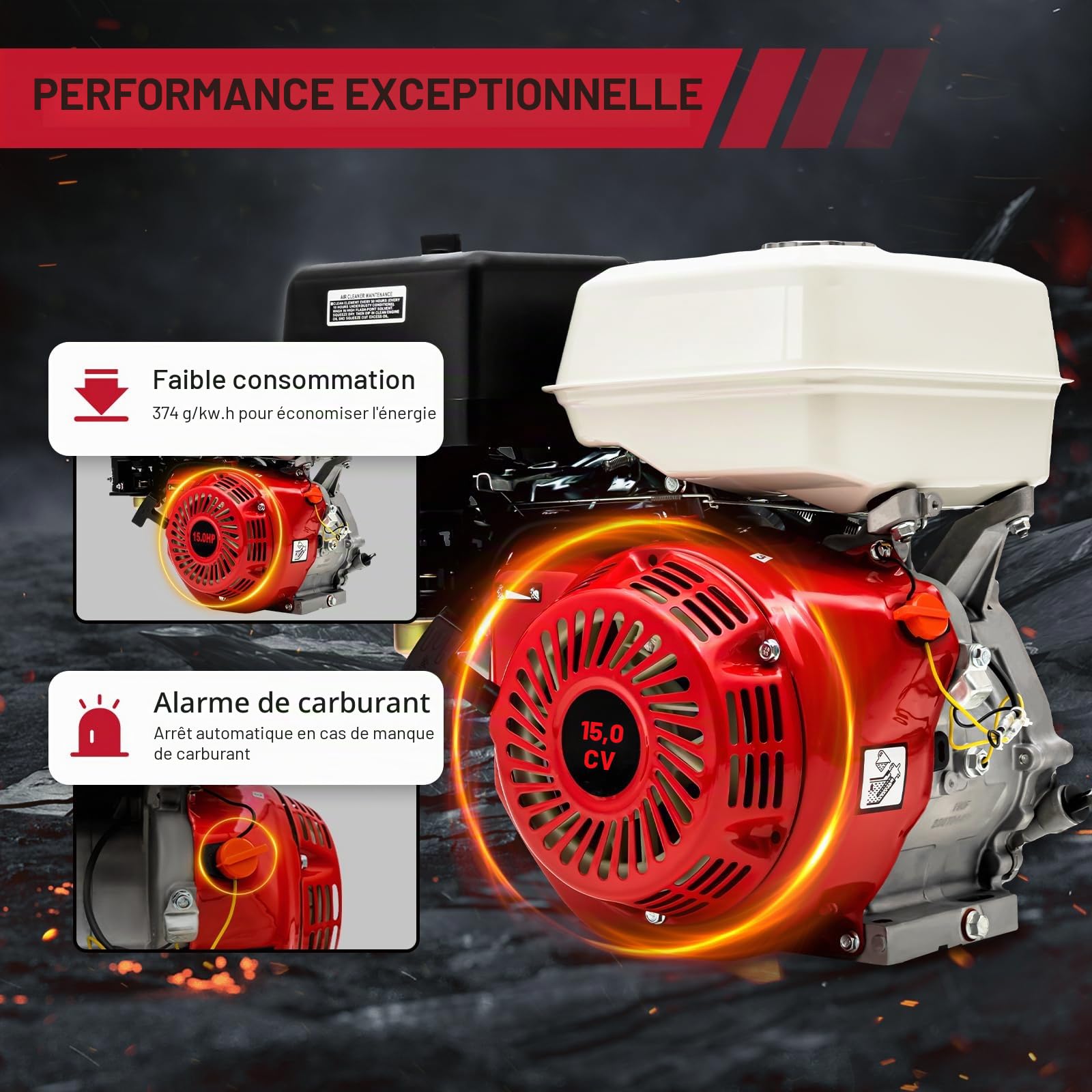 Moteur à essence 4 temps 15 CV 420 cm3 Moteur monocylindre OHV Moteur industriel pour pompes à eau, mini-motos, tondeuses à gazon, fendeur de bois