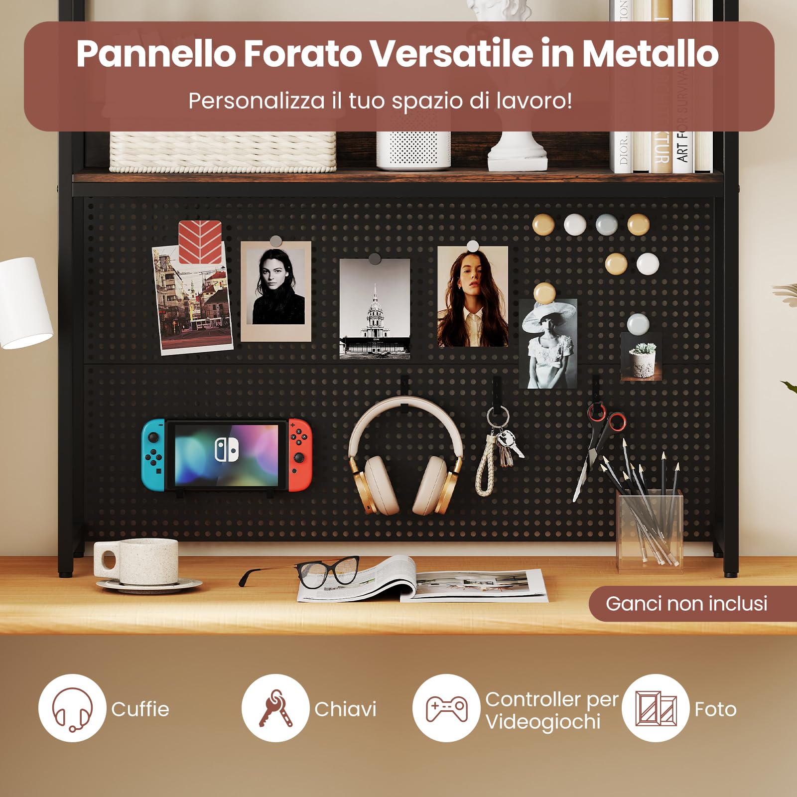COSTWAY Libreria da Scrivania a 2 Livelli, Scaffale da Tavolo Industriale per Monitor di Computer Fino a 32", Organizzatore di Stoccaggio con Pegboard, per Dormitorio Ufficio e Casa, 94x27x103 cm