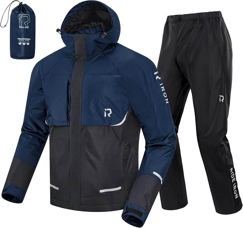 RIDEIRON Equipo de lluvia para motocicleta para hombres y mujeres Traje de lluvia impermeable reflectante | Clasificación impermeable de 15.000 mm, pantalones para la lluvia, ropa impermeable, ligera, transpirable, pesca al aire libre, golf, caza, camping