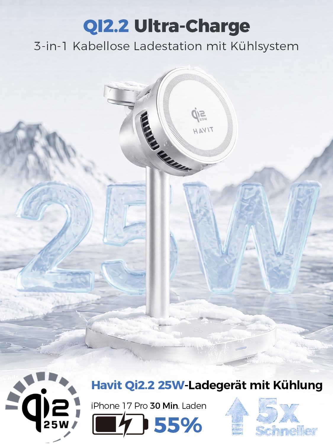 Qi2.2-25W MagSafe Ladestation, 3-in-1 kühlung tischladestation für iPhone | ladestation Apple Watch und iPhone, Wireless Charger für iPhone 17/Air, Airpods,induktive ladestation Samsung S26/S25