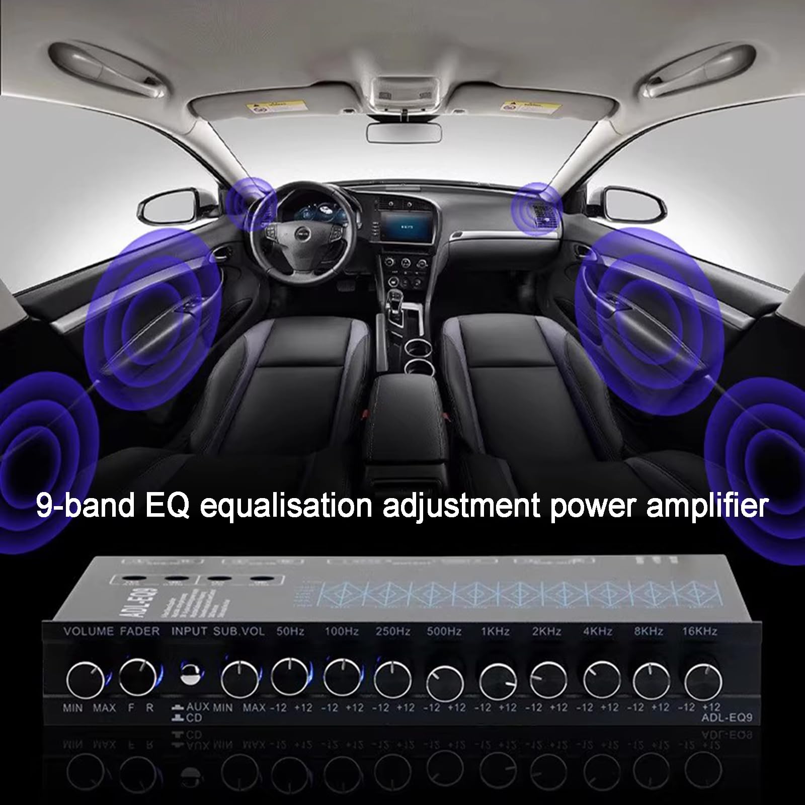 Ecualizador gráfico de 9 Bandas, preamplificador estéreo de Alta fidelidad con Ajuste de Ganancia y Salidas Frontal, Trasera y Subwoofer