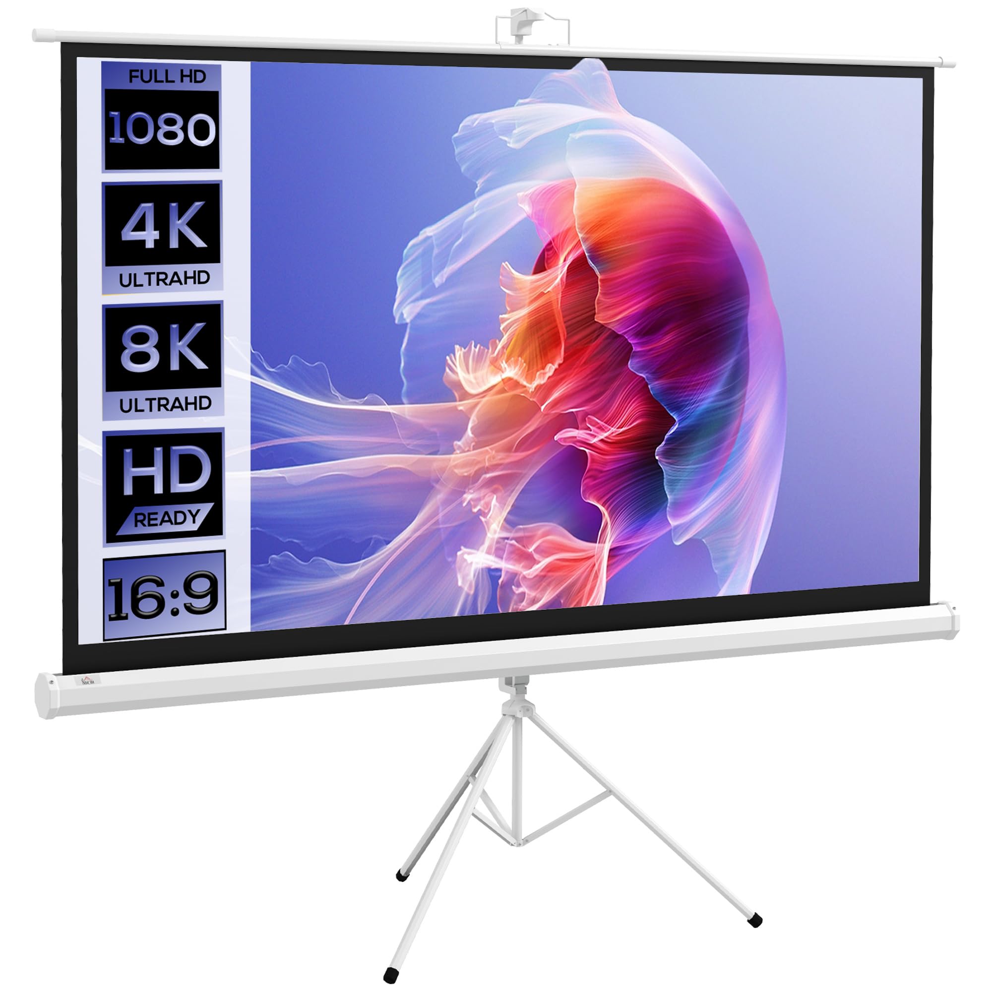 HOMCOM Telo Proiettore da 84 Pollici 4K HD Formato 16:9 con Treppiede Pieghevole e Altezza Regolabile, Schermo Proiettore Portatile, Grandangolo di 160 Gradi, per Casa, Home, Cinema, Esterno, Bianco