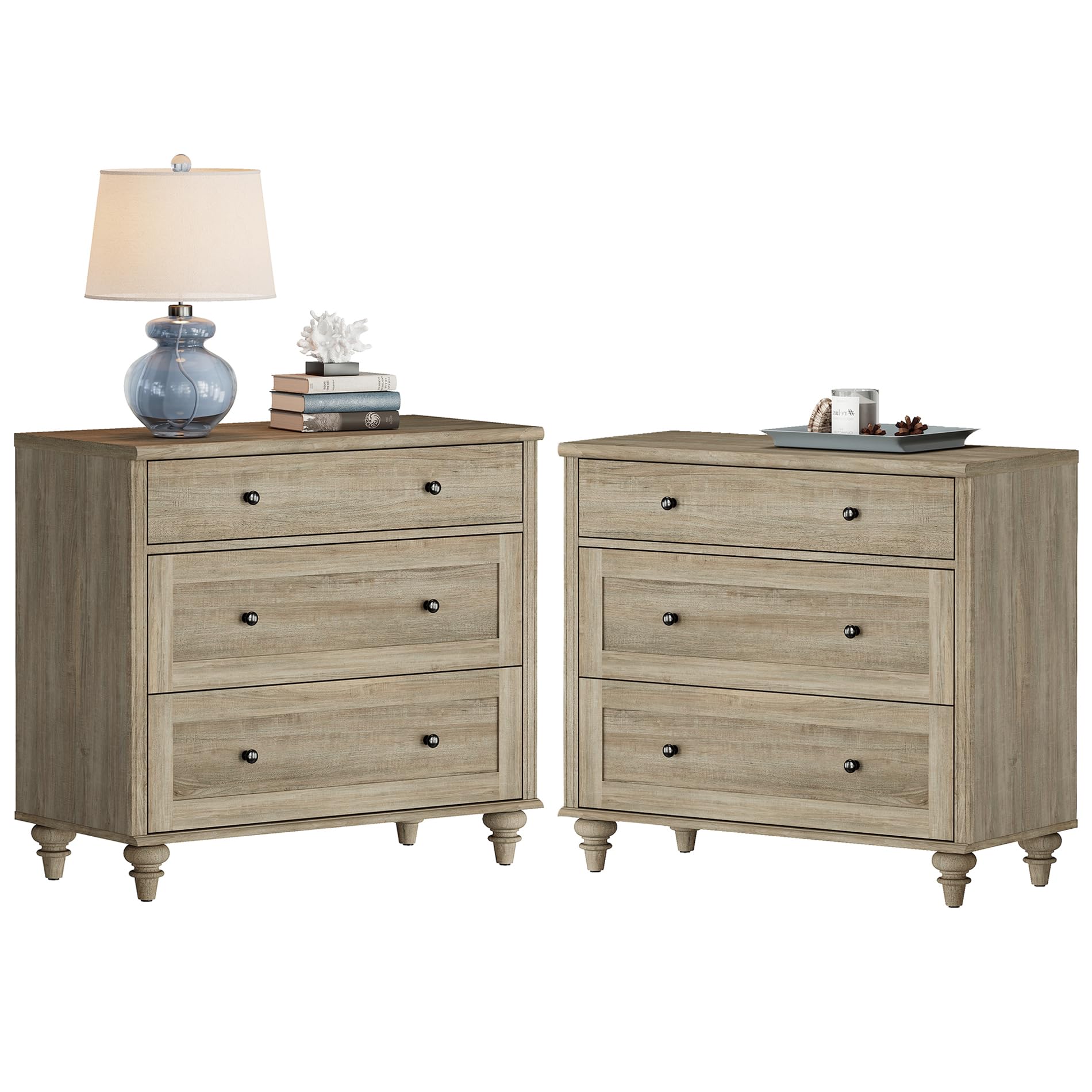 WAMPAT Farmhouse Nightstand with 3 Drawers, Set of 2 Large 3 Drawers Wood Bedside Table Night Stand, Wide Sofa Side End Table Chest of Dresser for