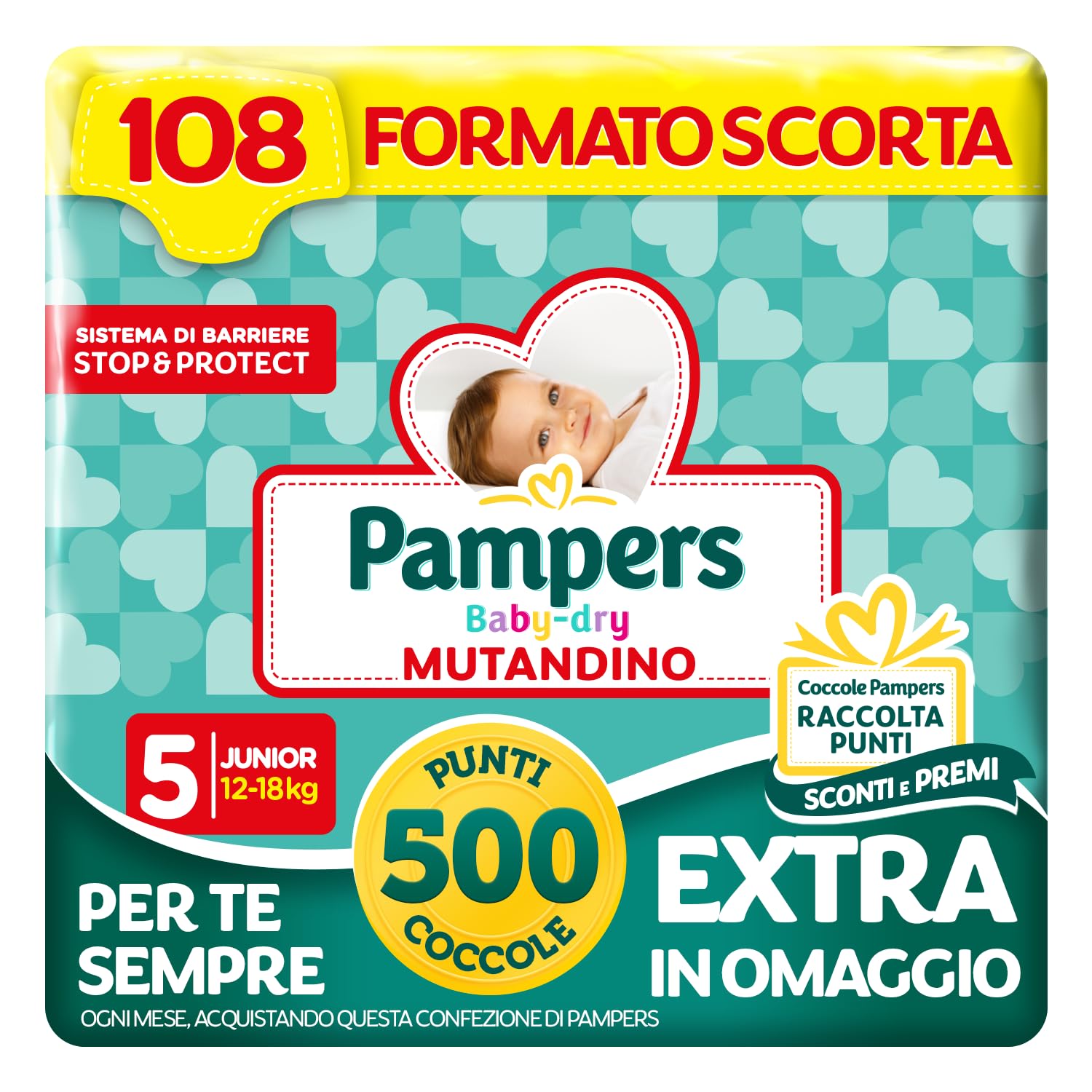 Pampers Baby Dry Mutandino Junior, Taglia 5 (12-18 kg), Formato Scorta, Barriera Stop&Protect, Anti-Fuoriuscite, Fascia Elastica, Asciutto 12h, Cambio Facile, 108 Pannolini Bambino + 500 Punti Omaggio