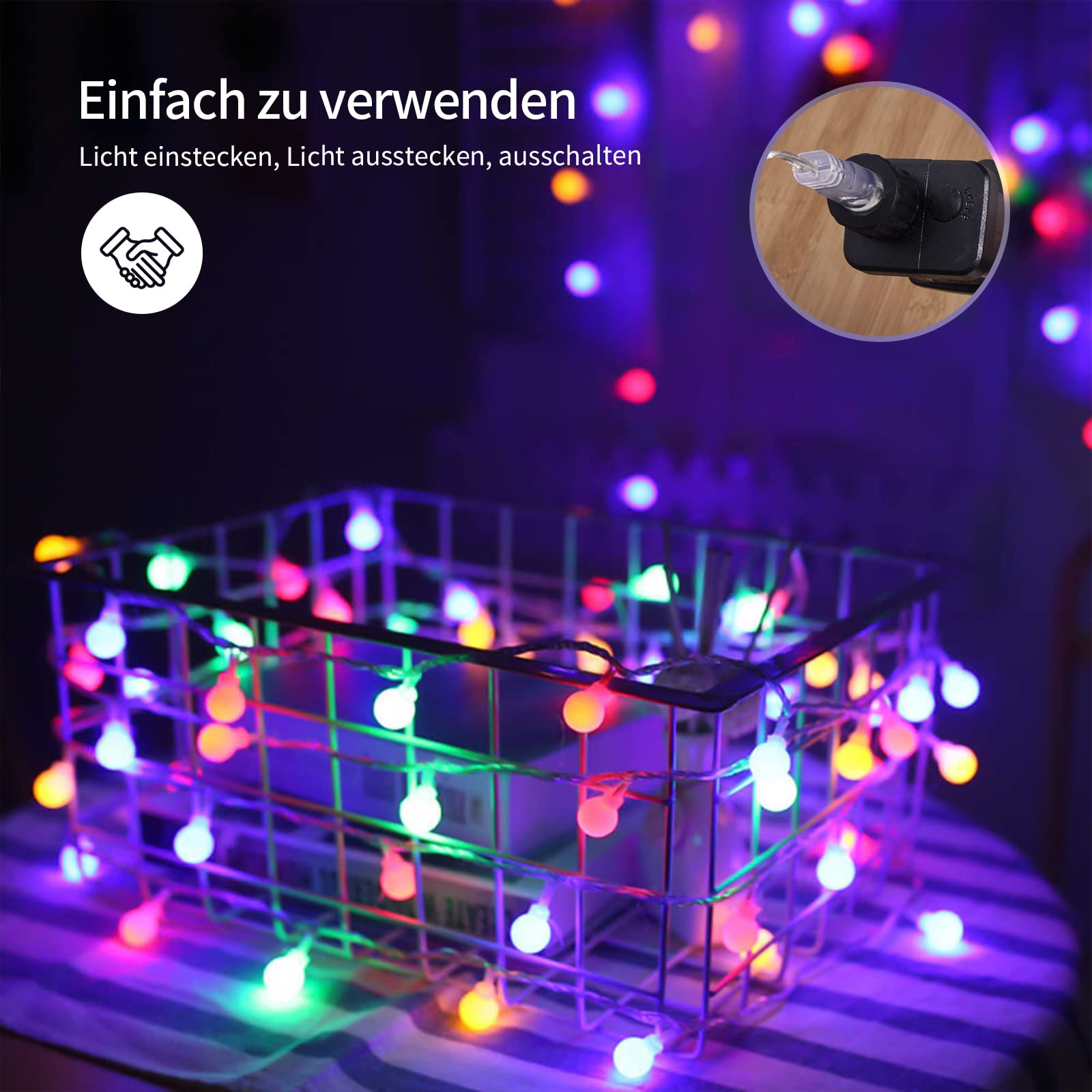 Łańcuch świetlny z kulką, 5 m, 50 diod LED, 8 trybów pracy, funkcja pamięci, łańcuch świetlny z wtyczką do użytku na zewnątrz/wewnątrz, idealny do sypialni, na balkon, imprezę, wesele, kolorowy