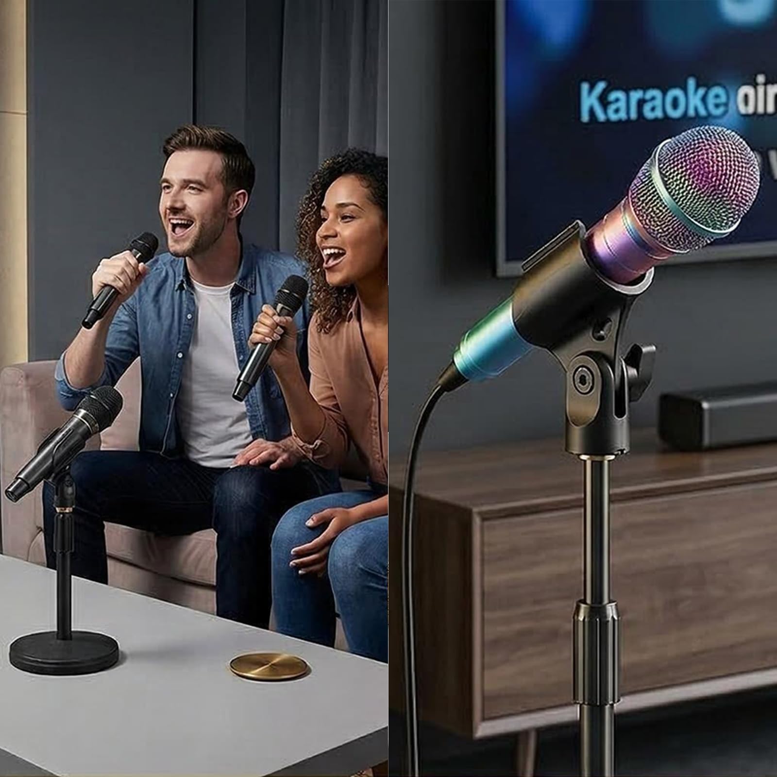 Lot de 2 Supports de Microphone Universel, Clip Réglable 180° Antidérapant avec Adaptateur 5/8" vers 3/8", Pince de Microphone en Plastique et Cuivre Noir pour Scène, Karaoké et Live