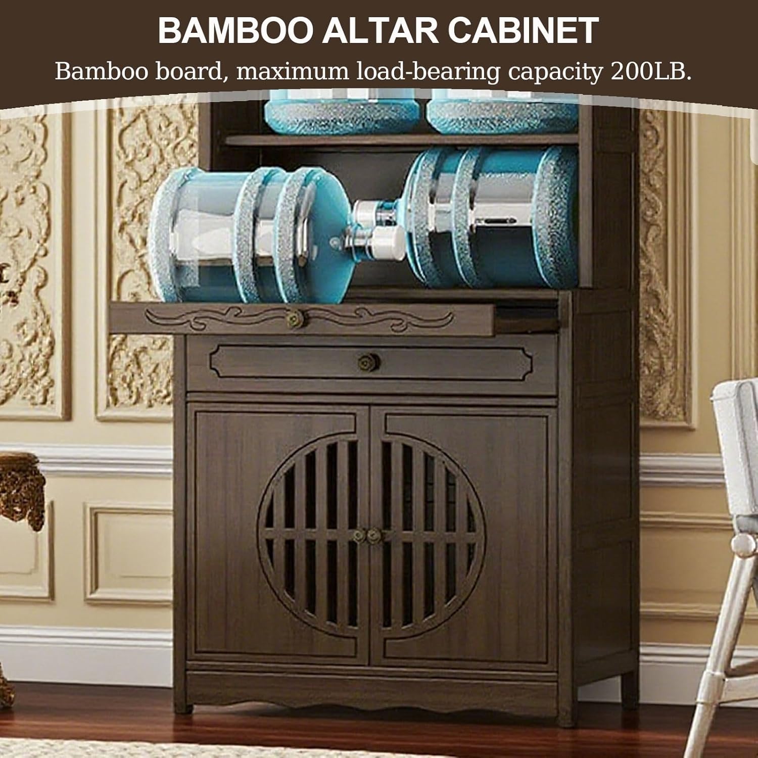 Bamboo Altar Cabinet with Storage & Drawer, 45 in Height Pooja Mandir for Spiritual & Home,Personal Shrine Altar Table with Doors,for Meditation Prayer Spiritual,Walnut,24x13x45in