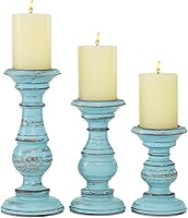 Deco 79 Mango Wood Candle Holder Set of 3 - Distressed Light Blue Pillar Stands 6", 8", 10"H Traditional Decor