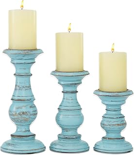 Deco 79 Mango Wood Candle Holder Set of 3 - Distressed Light Blue Pillar Stands 6", 8", 10"H Traditional Decor