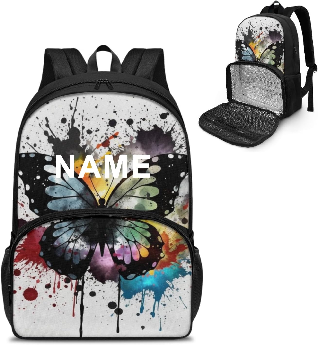 Colorful Butterfly Print Insulated Lunchbox Backpack Cute Black Butterflies Pattern Lightweight Laptop Backpack for Sports, Travel, Business or College