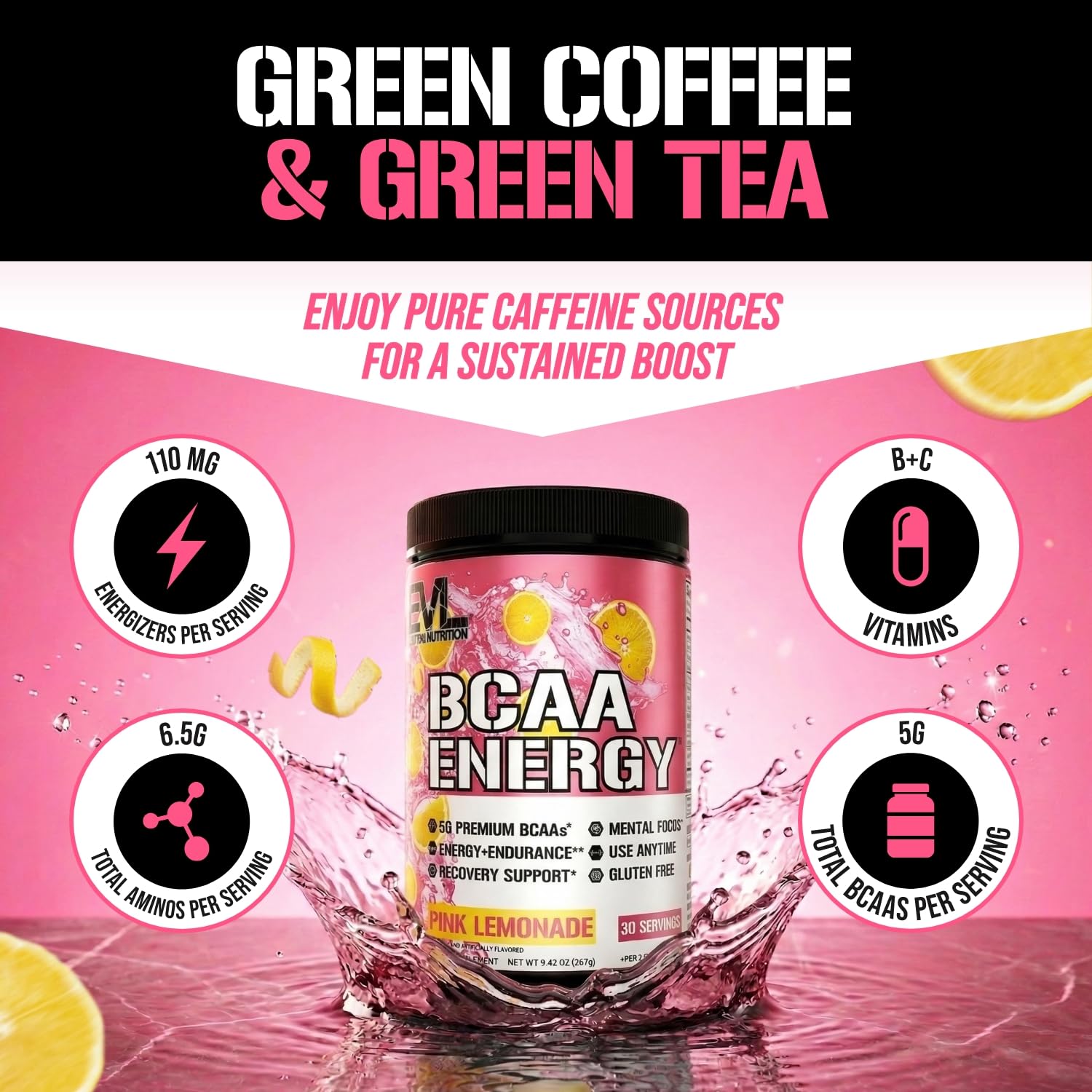EVL BCAA Energy Amino Acids Powder with Natural Caffeine - Pink Lemonade — Amazon image 2