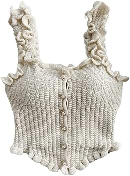 GORGLITTER Women's Pearl Knit Crop Tops Beaded Asymmetrical Button