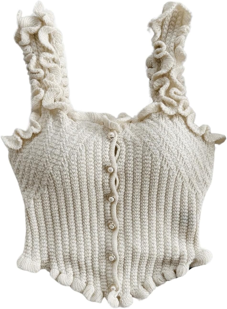 GORGLITTER Women's Pearl Knit Crop Tops Beaded Asymmetrical Button Down Sleeveless Sweater Vest