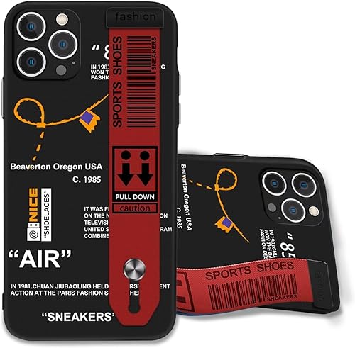 Funda compatible con iPhone 14 Pro con correa de pulsera, zapatos deportivos Cool Off, estilo de marca, creativas letras blancas y negras, soporte