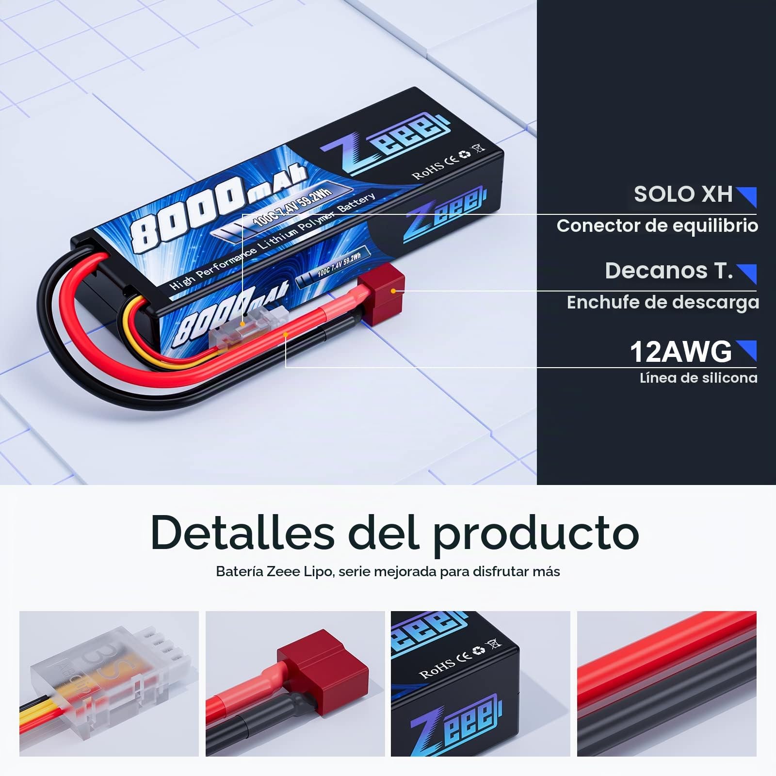 Zeee 2S Lipo Batería 7.4V 8000mAh 100C Hardcase Batería con Conector T