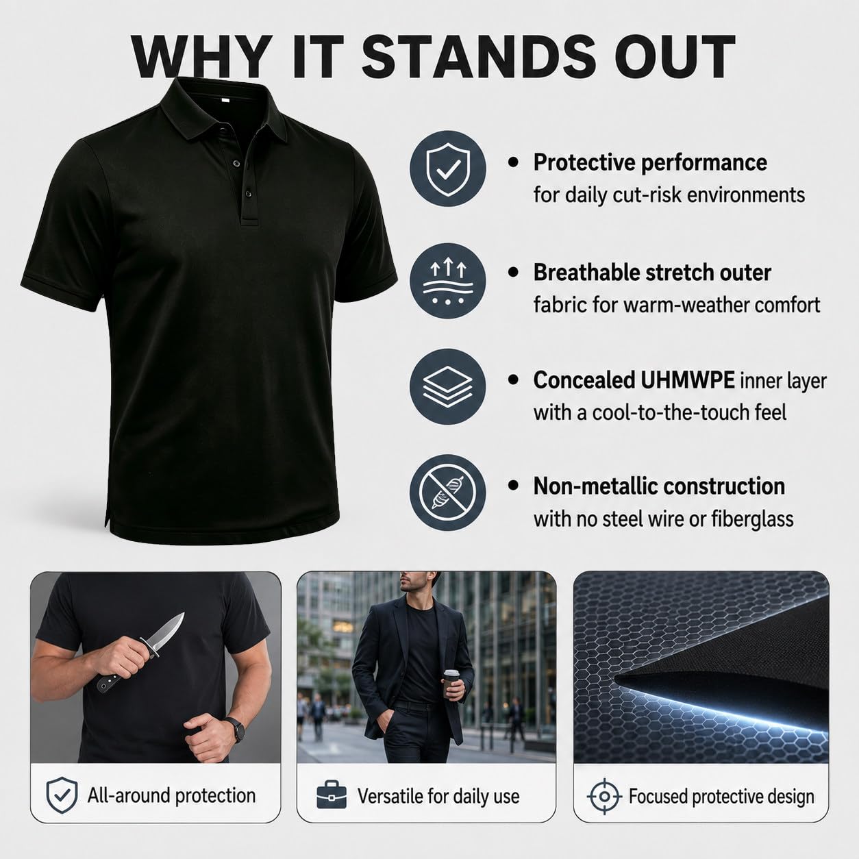 Ropa Resistente a Cortes Y Pinchazos Black-L | Camiseta De Protección De Nivel 5, Chaleco Resistente a Pinchazos, Equipo De Protección Personal Elegante Y Discreto