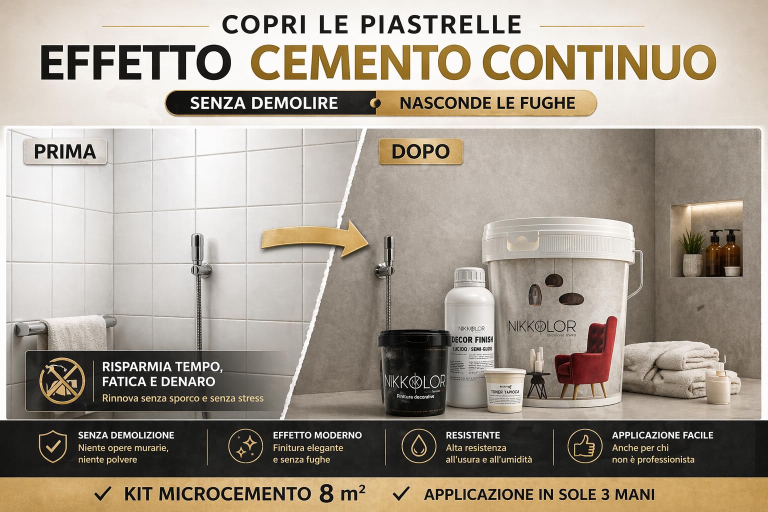 Kit Microcemento 8 m² per Pavimenti e Pareti - Opaco – 13 | Copre piastrelle e fughe senza demolire con spessore finale 2-3 mm - Finitura Opaca