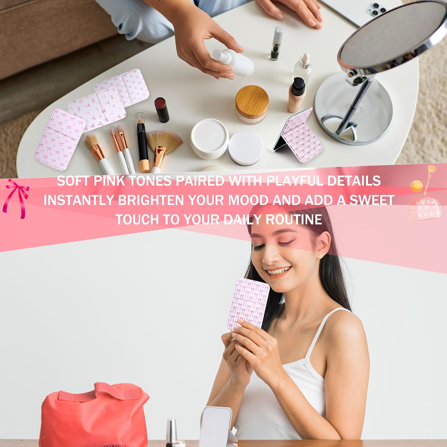 16 Pcs Pink Bow Compact 2.76 x 3.94 Inch Folding Mirrors Bulk Mini Travel Mirror Square Pocket Portable Handheld Mirrors for Women Girls Makeup Party Favors