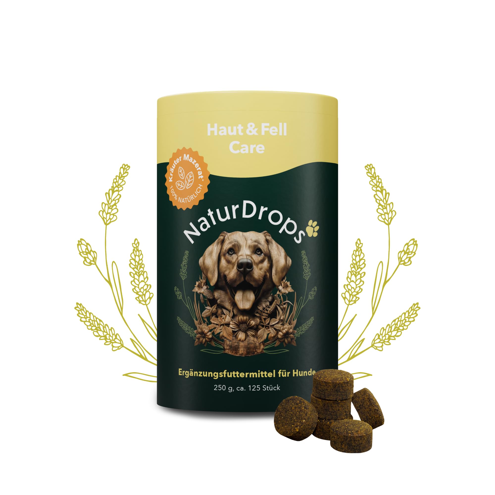 NaturDrops Haut & Fell Care Hundesnacks - 125 Stück, 250 g | Mit Biotin, Zink & fermentierten Kräutern für glänzendes Fell & Hautbalance - kalt extrudiert, 100 % natürlich