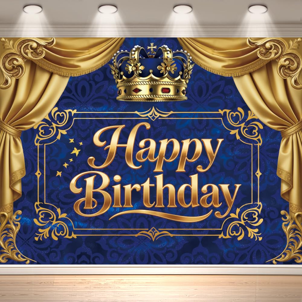 Photo 1 of 10x8ft Happy Birthday Backdrop Decorations Blue Gold Photo Banner Background Party Wall Royal Crown Hanging Decor for Birthday Celebration Photography Props