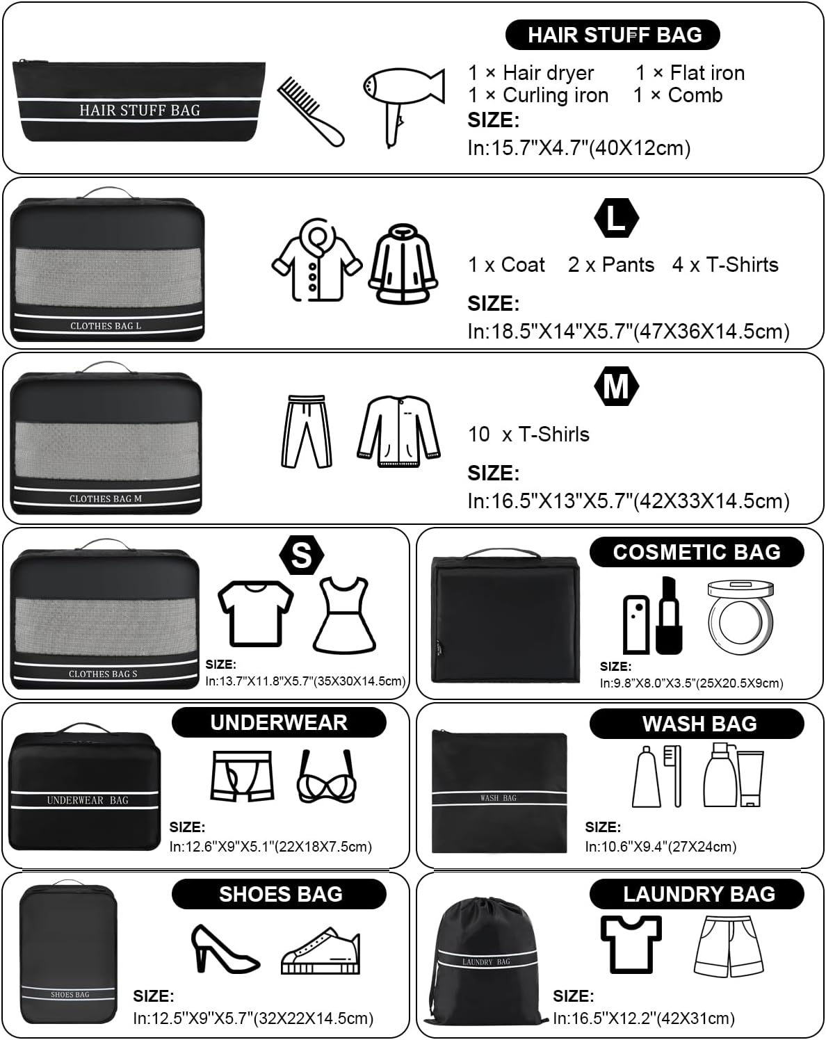9 Set Packing Cubes Luggage Packing Organizers for Travel Accessories Space Saving Travel Bags for Carry On, Lightweight Mesh Zipper, Clothes, Shoes, Laundry and Shoe Bag, Suitcases (BLACK)