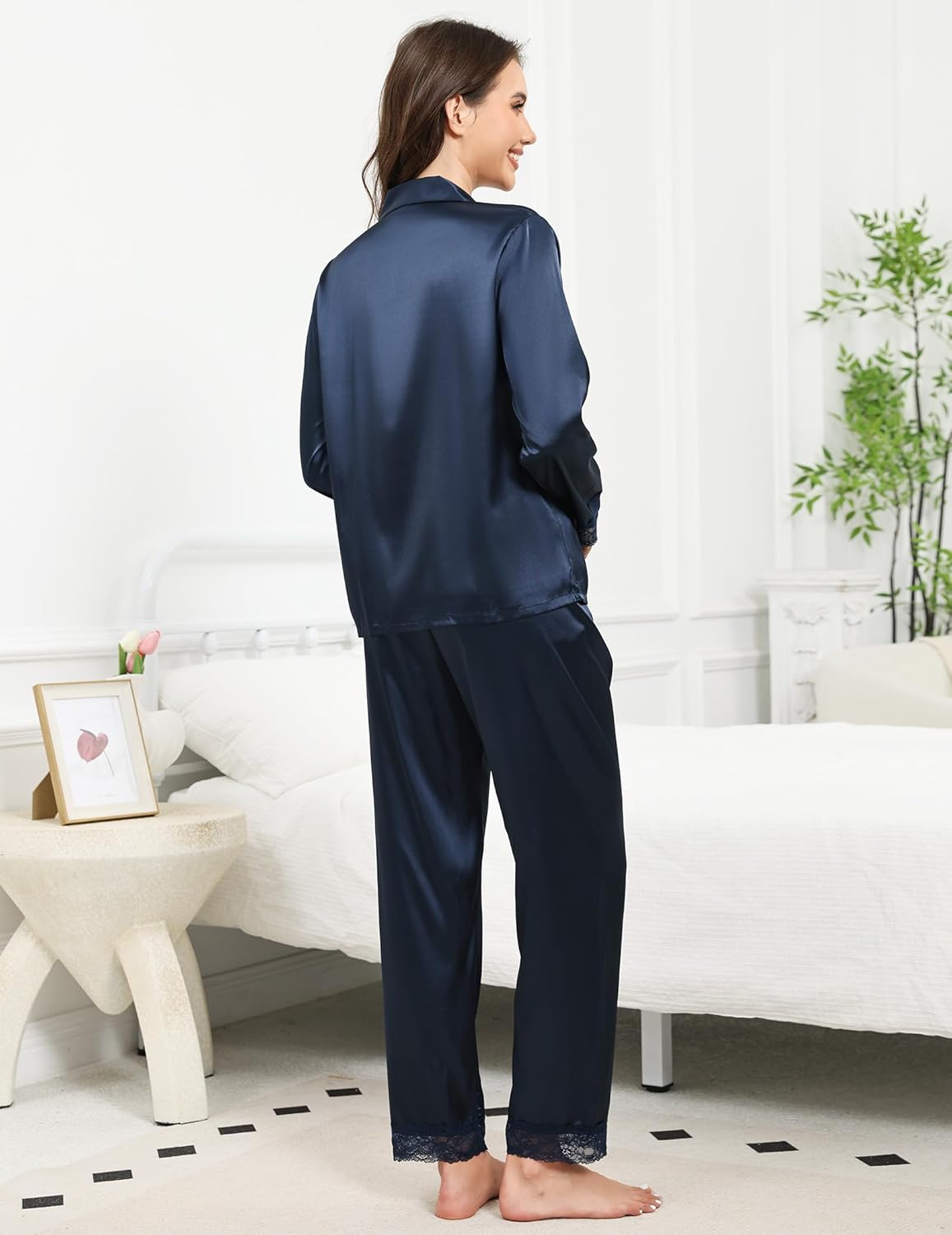 TeJoyce Silk Pajamas for Women Set Long Sleeve Satin Pj Set 2 Pieces Button Down Loungewear Soft Lace Sleepwear - Image 3