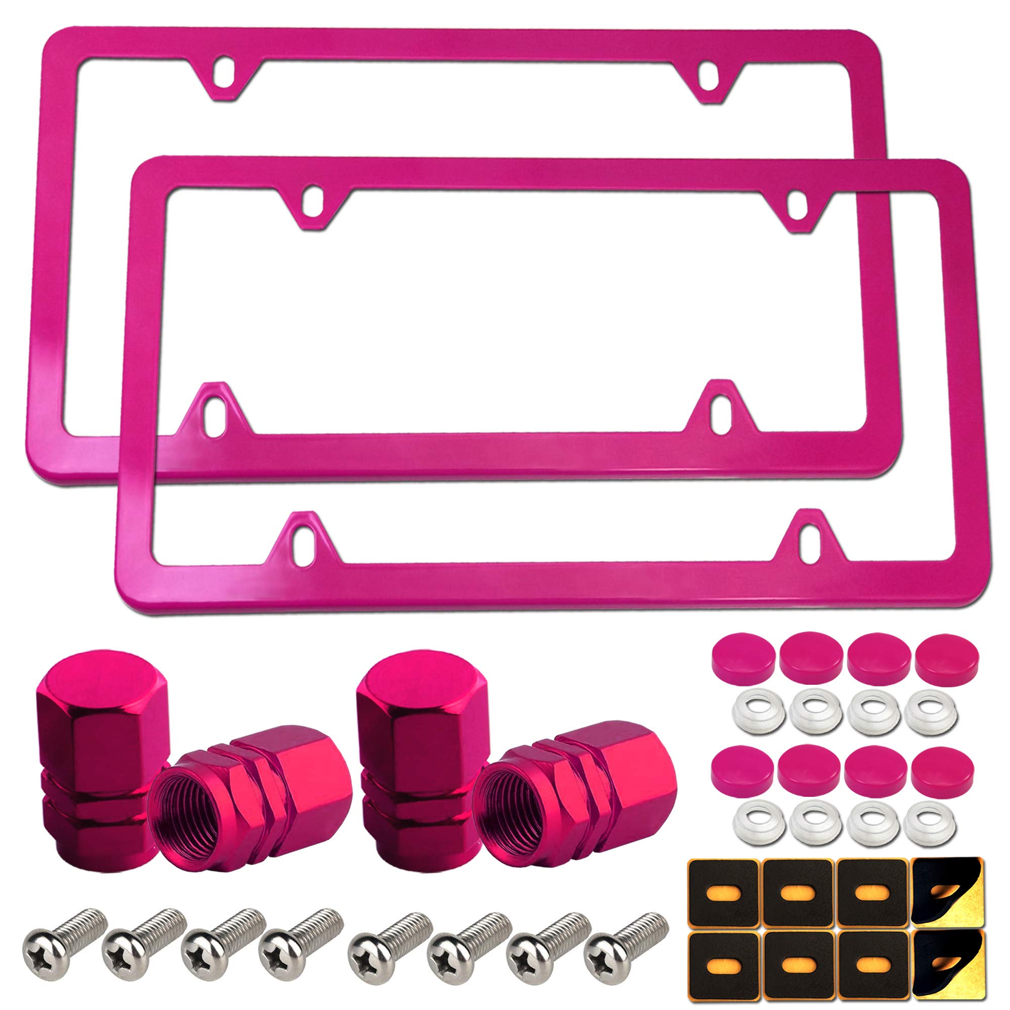 FBJTDQ Light Pink License Plate Frames-2 Pack Car Plate Frame for Women,Slim Aluminum Car Tag Cover Holder with Rust Resistant Screws Caps,Rust/Rattle Proof Pads,Pink Accessories-Tire Valve Stem Cap