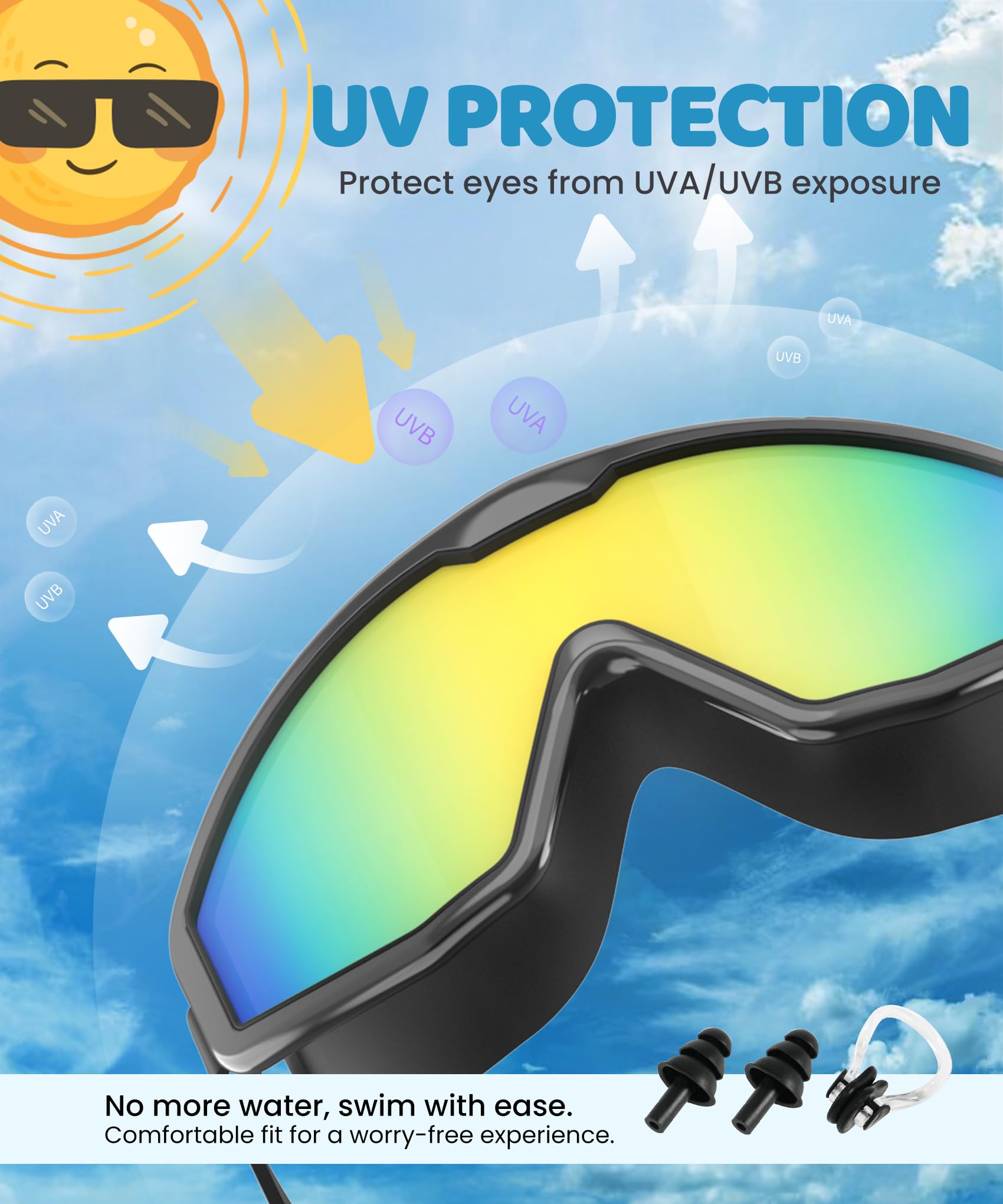 Gogle dla dzieci w wieku 4-16, przeciwmgielne UV 180°Clear View okulary pływackie dla dzieci, 3 sztuki okularów pływackich wodoodporne