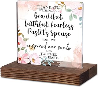 PQUCXZ Pastor’s Spouse Appreciation Gift, Acrylic Desk Plaque with Floral Design and Heartfelt Message, Rustic Wood Base Thank You Sign for Church Recognition or Encouragement KAC192