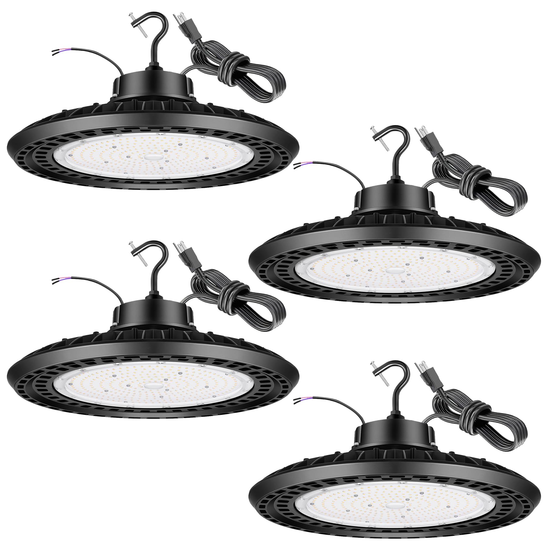 300W UFO LED High Bay Light 4PACK 5000K High Bay LED Shop Lights 45000LM 0-10V Dimmable 1200W HID/HPS Replacement with 5' US Plug IP65 Hanging Hook UFO Lights for Shop Warehouse Garage Workshop