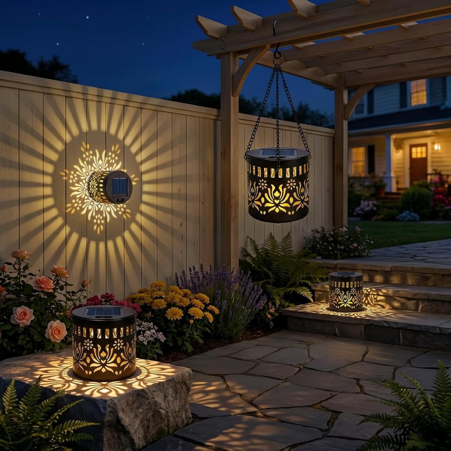 4 Pack Solar Fence Lights Outdoor, Metal Flower Hollowed Out Wall Art