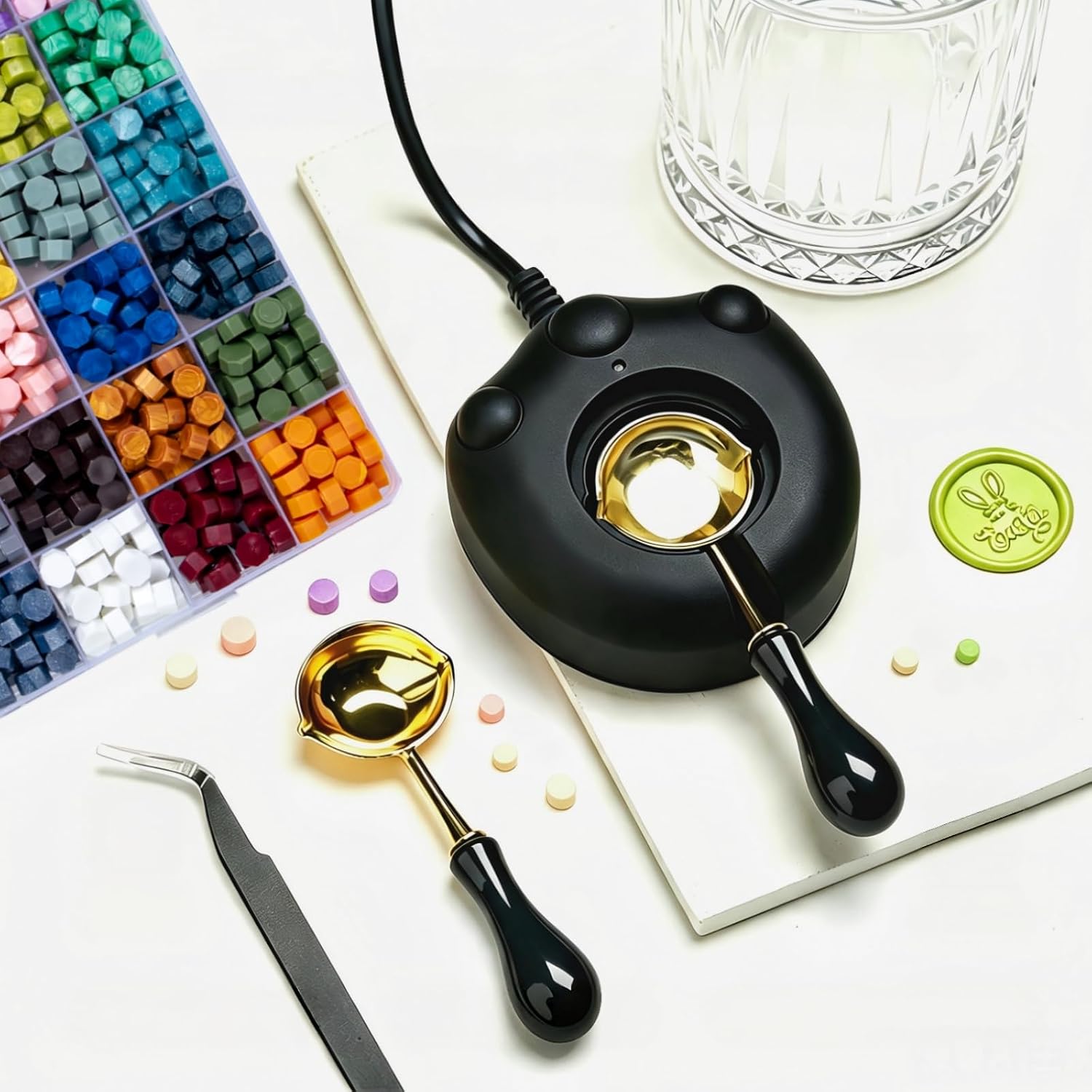 Electric Wax Seal Warmer, Black Seal Stamp Beads Kit with 624Pcs Sealing Wax Beads in 24 Colors, Melt Spoon for Letter Sealing, Wedding Invitation & DIY Craft