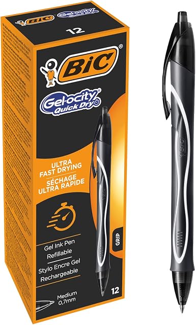 BIC Gel-ocity Quick Dry Ballpoint Pens, Medium Point (0.7 mm) and Fast Drying Black Colour Ink, Box of 12