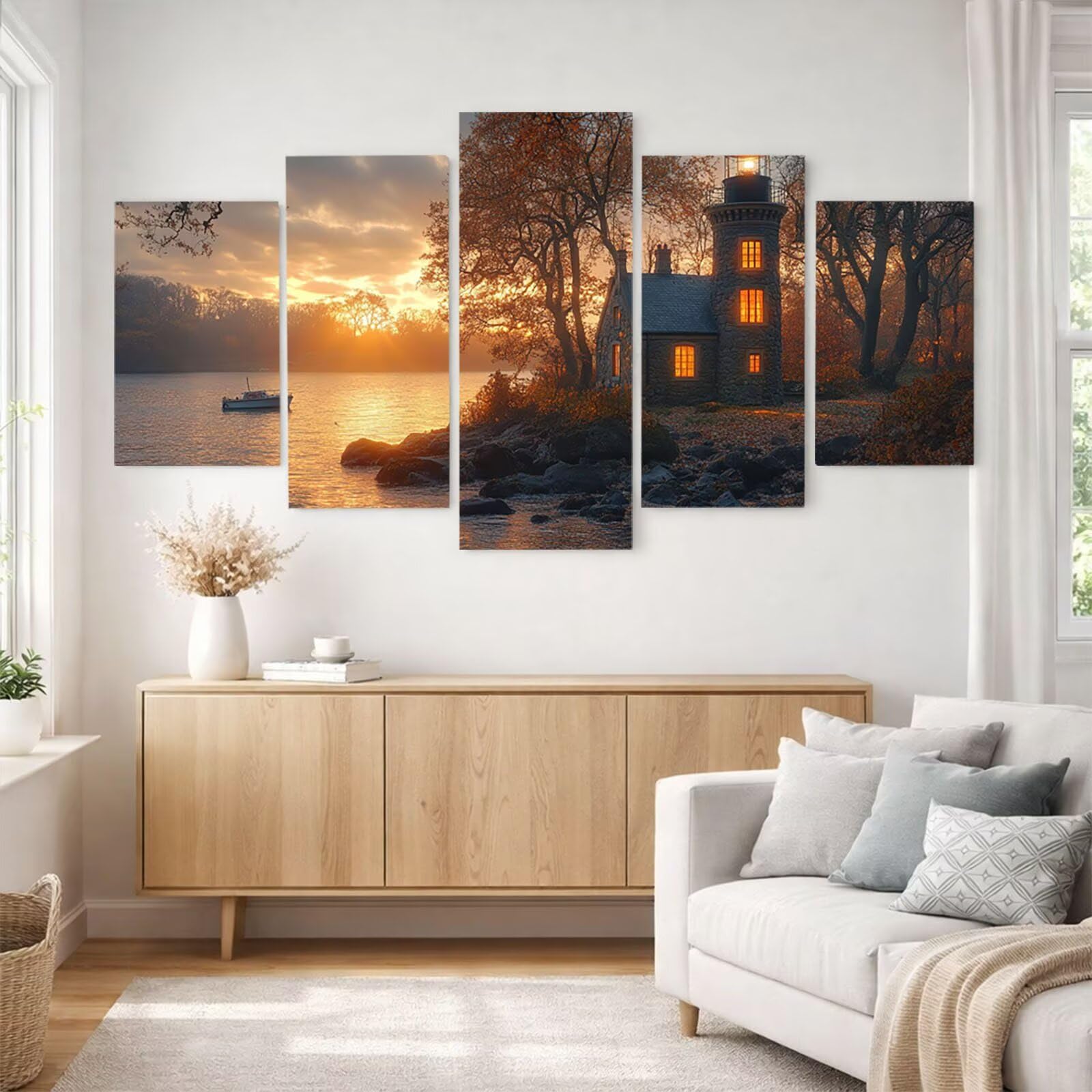 5 Pack Leuchtend Malen Nach Zahlen Erwachsene Lighthouse YCBZ-1545 | DIY Set Erwachsene mit Pinselset Acrylfarben Set Fünf Leinwand zum Bemalen Boot für Deko Wohnzimmer Geschenke für Frauen