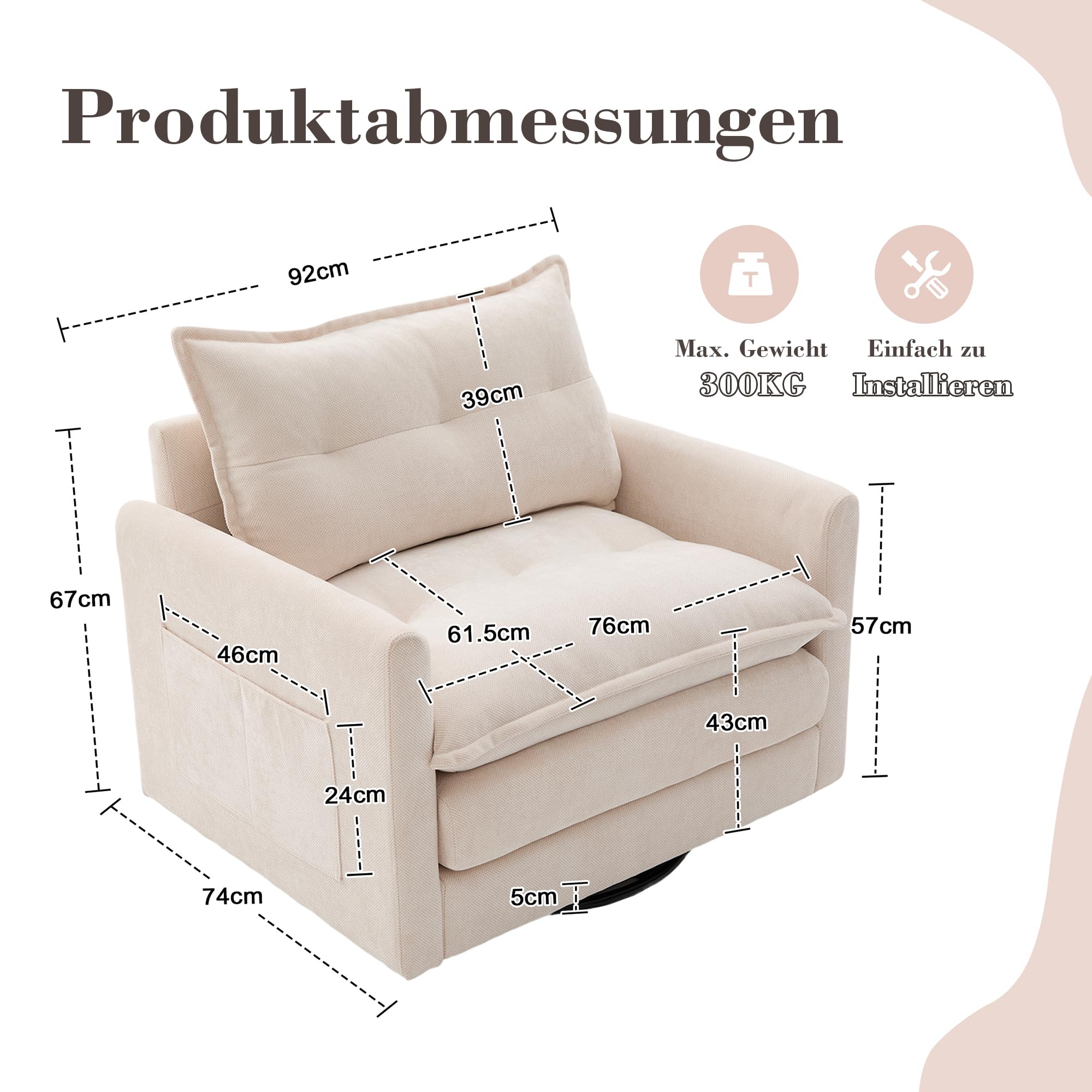 Sillón giratorio para salón, sillón acolchado con bolsillo lateral y cojín, moderno sillón giratorio de lectura, color beige