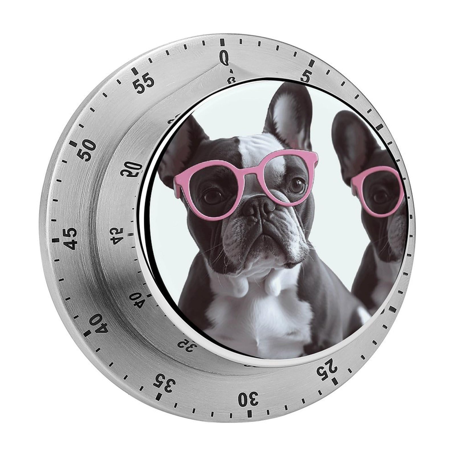 French Bulldog Pink Glasses Timers Adsorbable Stainless Steel Kitchen Timer Loud 60 Minute Visual Timer Portable Manual Countdown Timers Alarm Clock Time Management Tool for Home Work