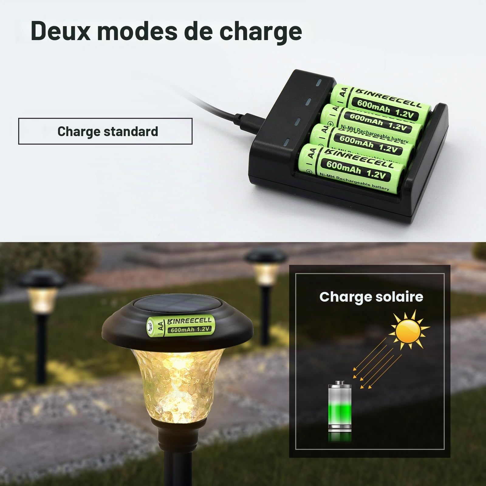 Batteries Rechargeables AA Ni-MH 1,2V pour Lampes Solaires, Guirlandes Lumineuses (Pack de 12)