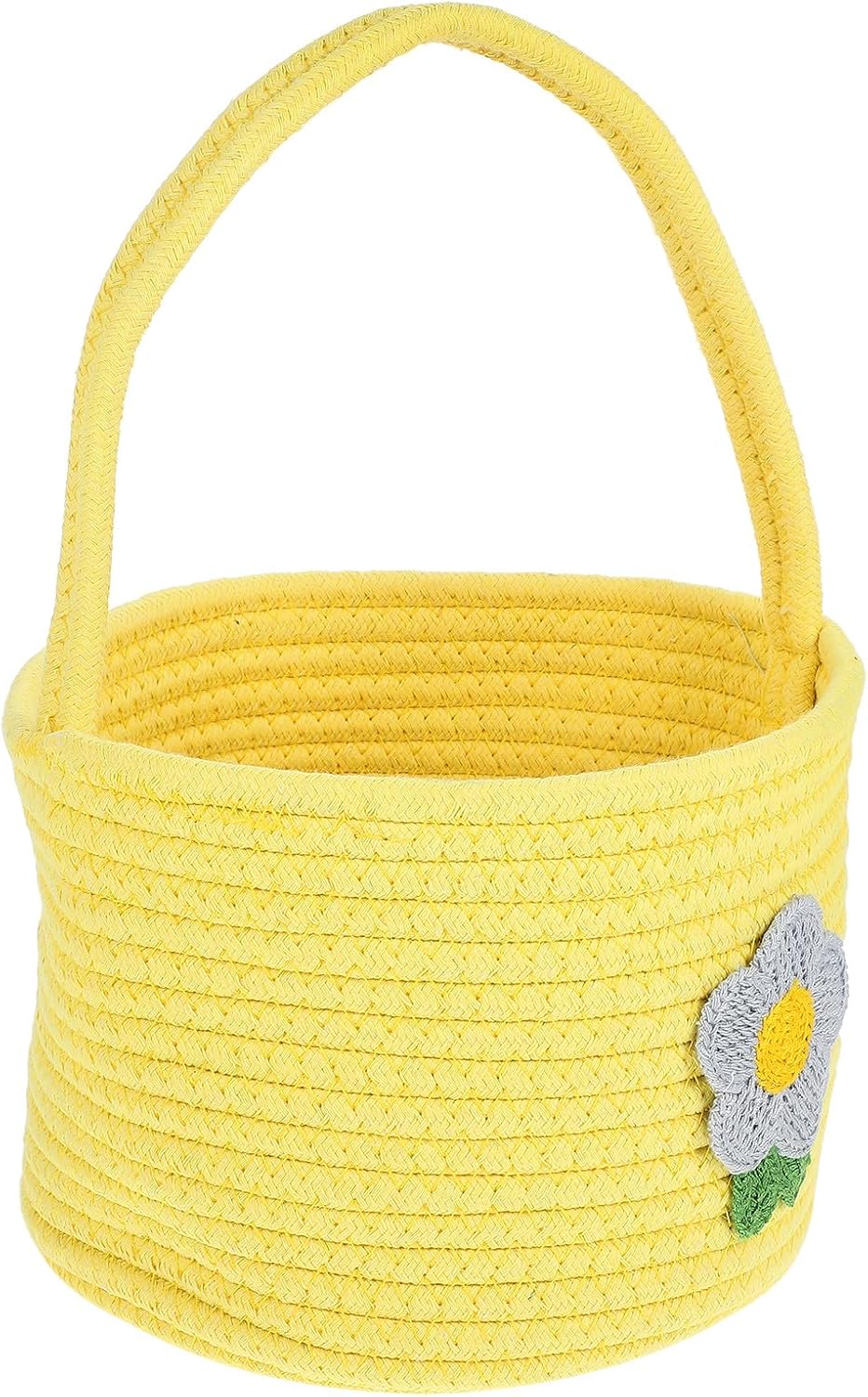 SEWACC Cute Yellow Cotton Rope Woven Basket with Handle, Handcrafted Small Storage Basket for ’ Room Decor and Photo Prop, Portable Home Organization Bin