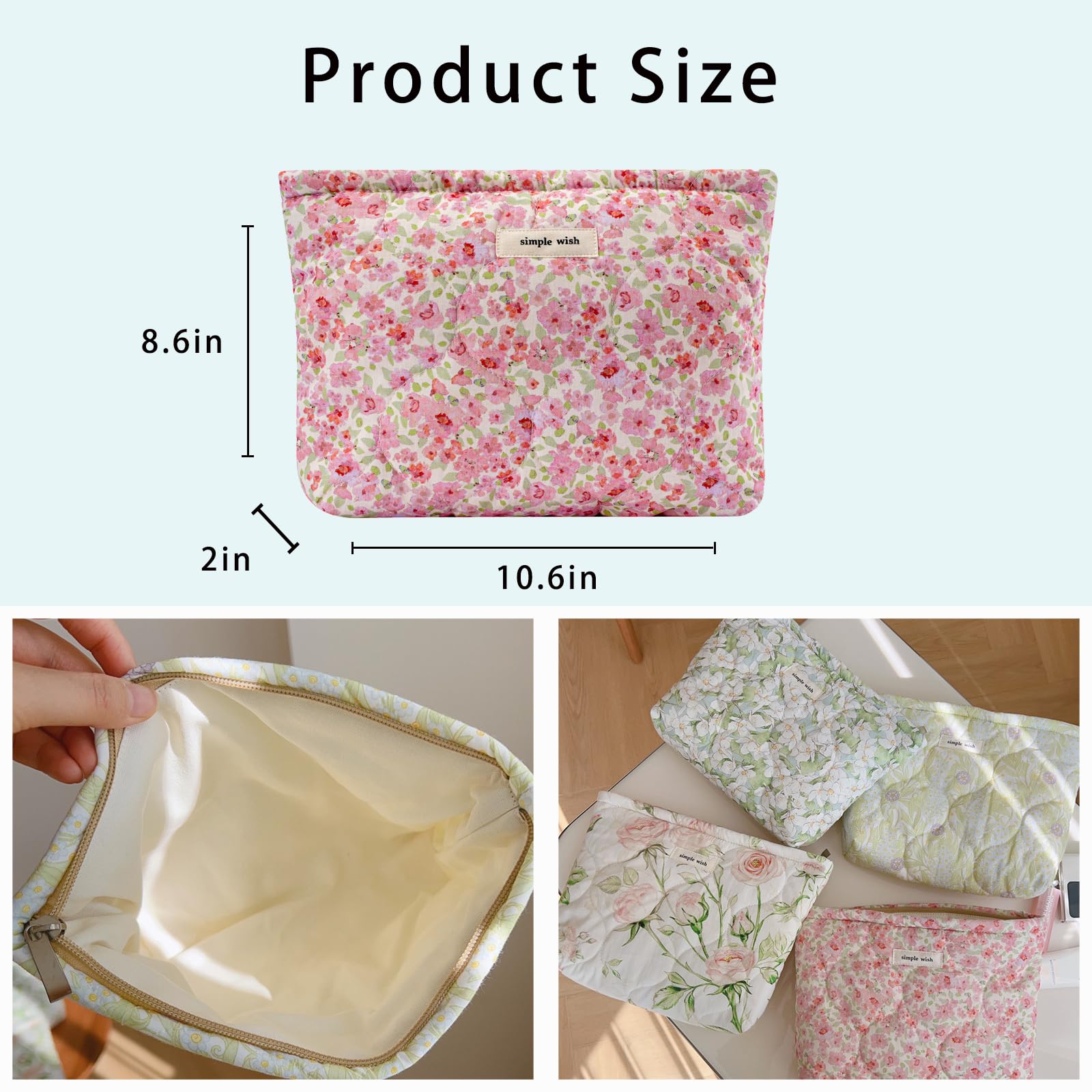 uekeboag Quilted Floral Cotton Makeup Pouch,Coquette Quilted Cosmetic Bag for Women and Girls, Aesthetic Organizer Bag, Flower Cute Travel Toiletry Bags(01Pink Little Flower)