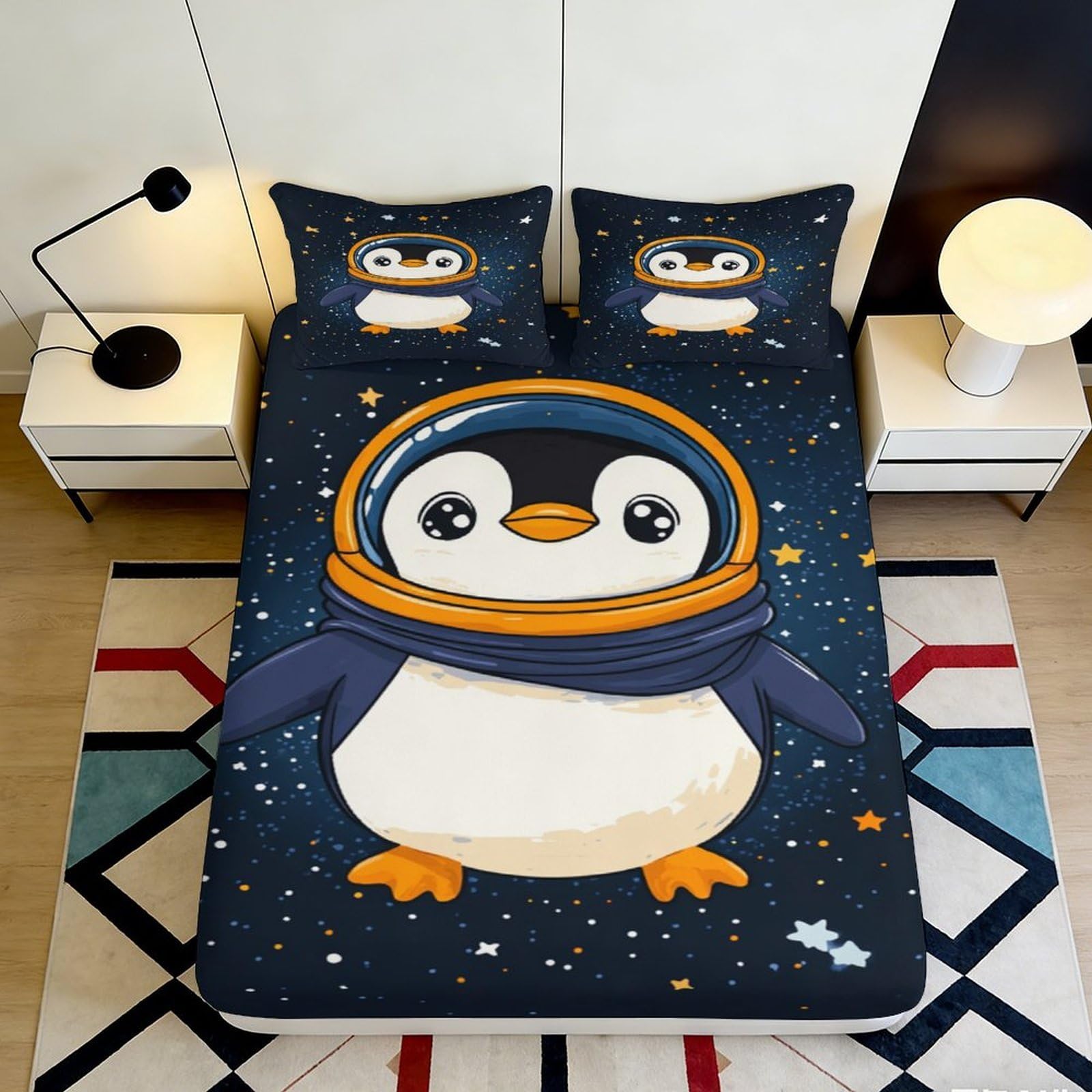 3D Printed Space Penguin Fitted Sheet Microfiber Navy Cartoon Stars Mattress Cover Bedroom Dorm Protector 120x200cm 120x200x25cm