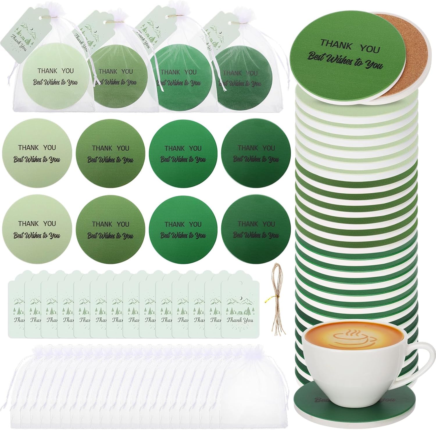 Zhehao 24 Pcs Sage Green Thank You Gift Set, Bulk Ceramic Coasters with Cards and Organza Bags for Employee Appreciation, Teacher Appreciation Gifts, Wedding Favors, Baby Shower, Church Party Favors