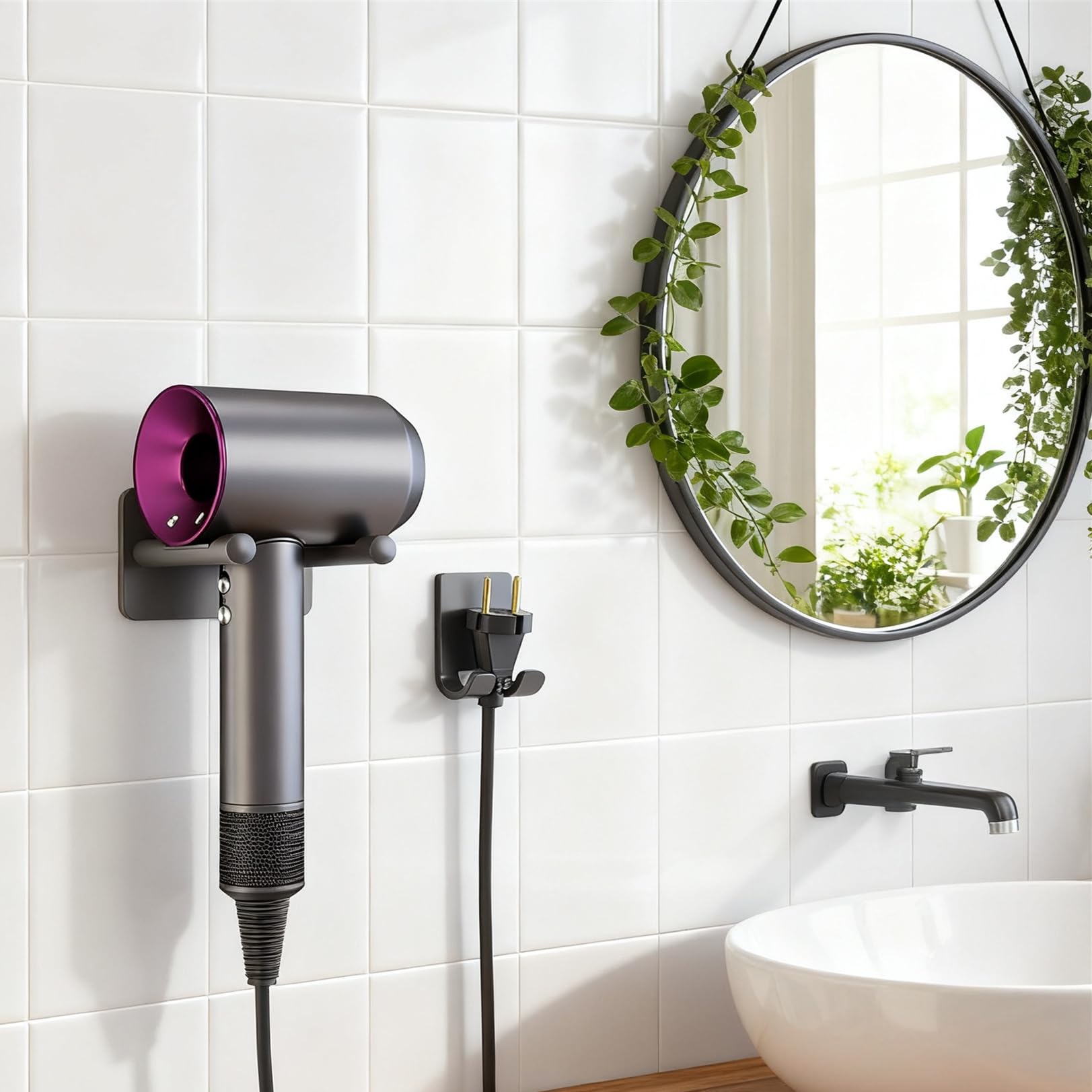 Soporte para Secador de Pelo de Pared sin Taladro, Organizador de Baño de Aluminio, Gris