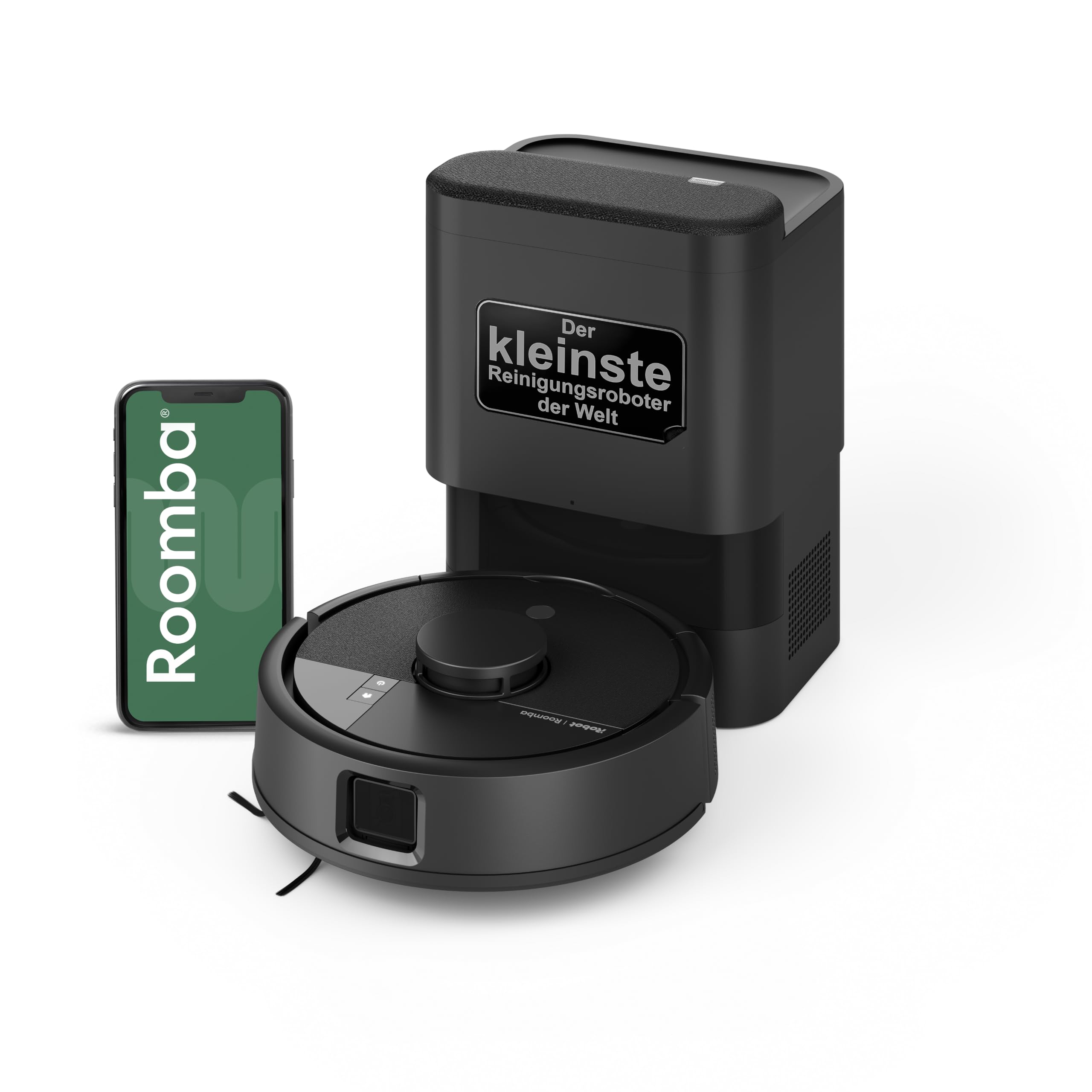 Roomba Mini Saugroboter mit Wischfunktion, AutoEmpty Basis, LiDAR | Kompakte Bauform, 7000 Pa Saugleistung, LiDAR Navigation, automatische Staubabsaugung, für Hartböden & Teppiche, Schwarz