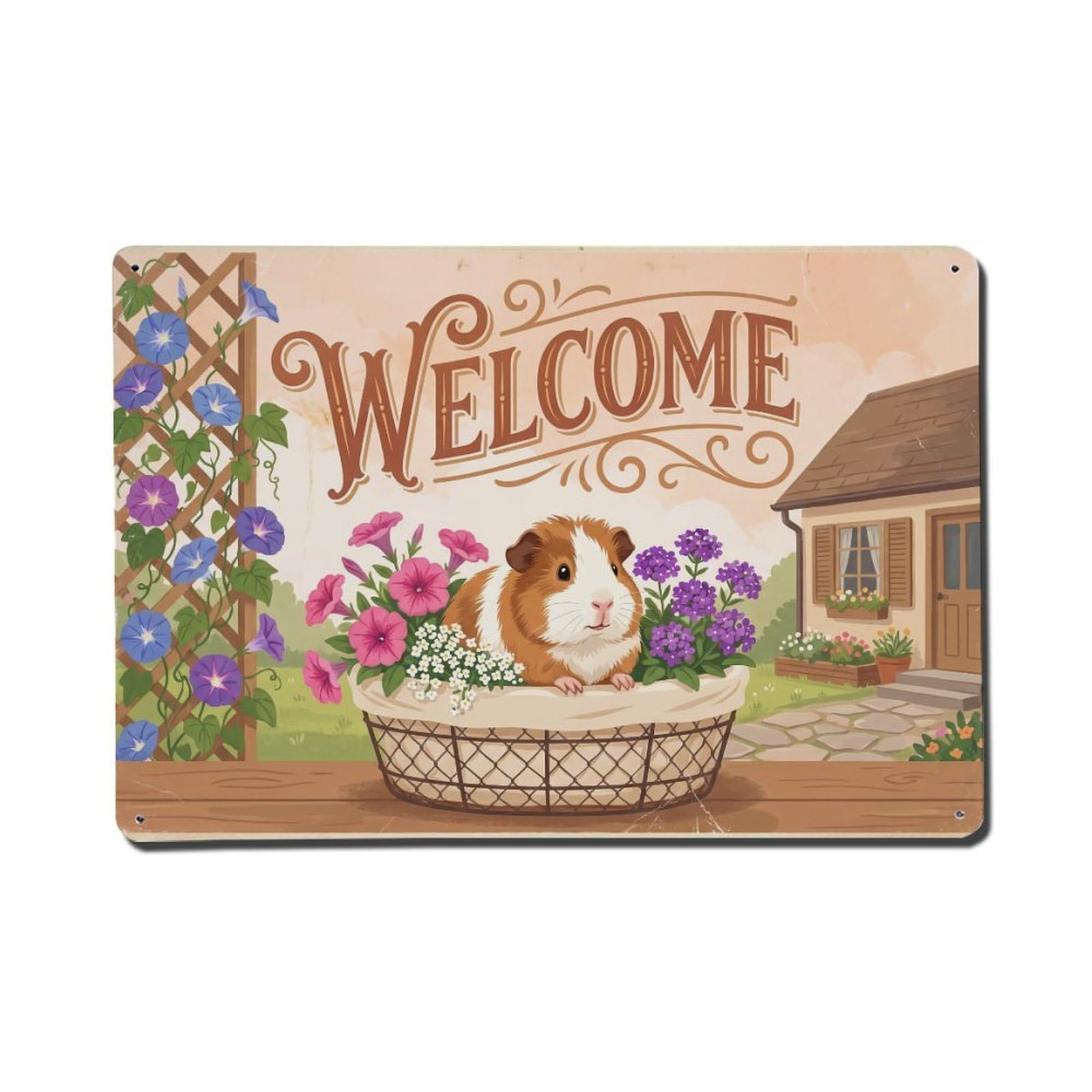 Vintage Welcome Guinea Pig Happy Home Metal Tin Sign