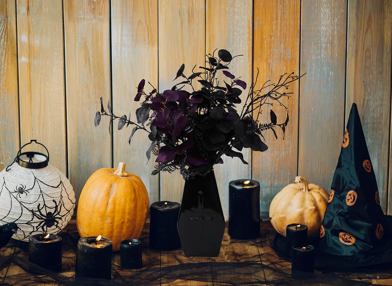 7pcs 18" Faux Halloween Floral Picks Tabel Centerpieces Decoration, Artificial Gothic Black Purple Eucalyptus Leaves Flowers Stems Picks Bouquet Decor (BLK-Purple) - Image 7