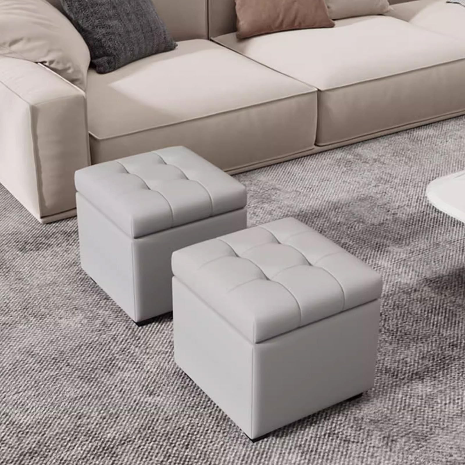 Robusto Ottomani in Pelle con Coperchio ad Alta risorsa ottomane Piede ripieno robuste Pouf ottomane Grigio Grigio Sgabello da vanità Quadrato risparmia Spazio