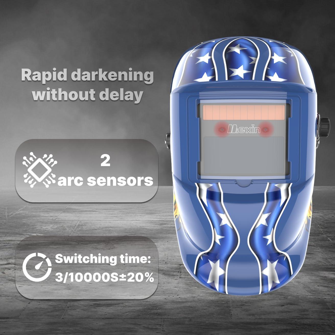 Mexin Auto Darkening Welding Helmet with 2 Arc Sensors, True Color Welding Mask DIN 9–13, External Stepless Adjustment, Solar Powered, 3.6" × 1.7" Viewing Area for MIG TIG ARC