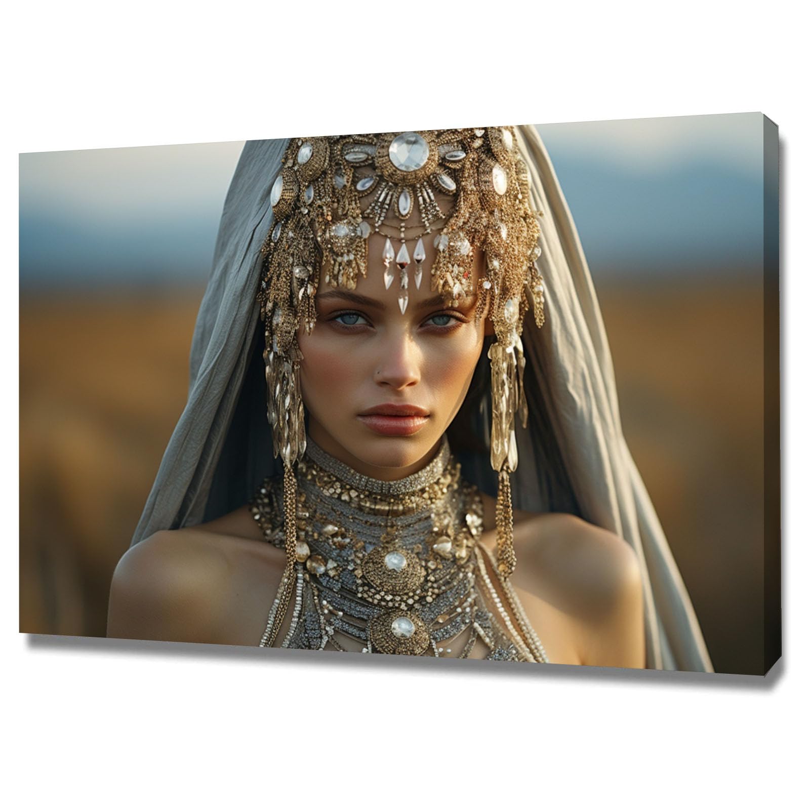 TERUEA Funny Bathroom Wall Art Print Woman With Silver Jeweled Headdress And Veil Portrait Vintage Humor Wall Art Poster for Bathroom Toilet Decor(Silver)-20x30cm Framed
