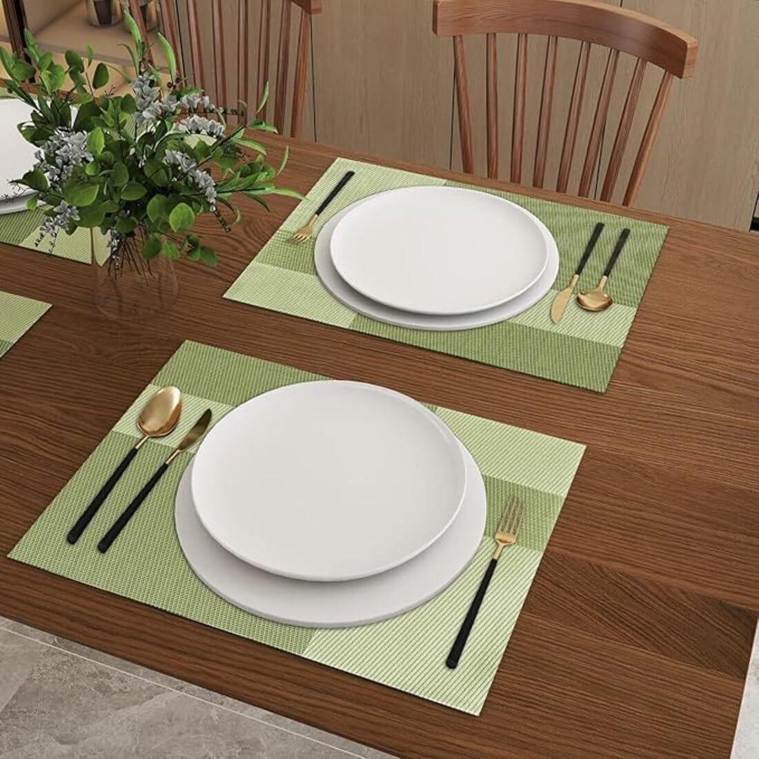 Potency Table Mats Set of 4, Woven Placemate for Dining Table, Heat-Resistant Placemats Stain Resistant Anti-Skid Washable PVC Table Mats, Vinyl Placemats for Dining Kitchen Restaurant Table (L-Green) 2