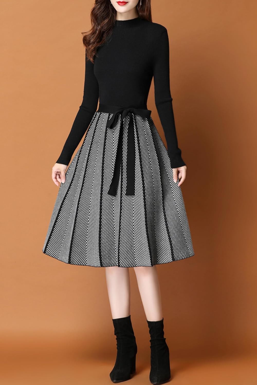 LAI MENG FIVE CATS Women's Elegant Knit Long Sleeve Sweater Stripes Pullover Fall Midi Dress - Image 4